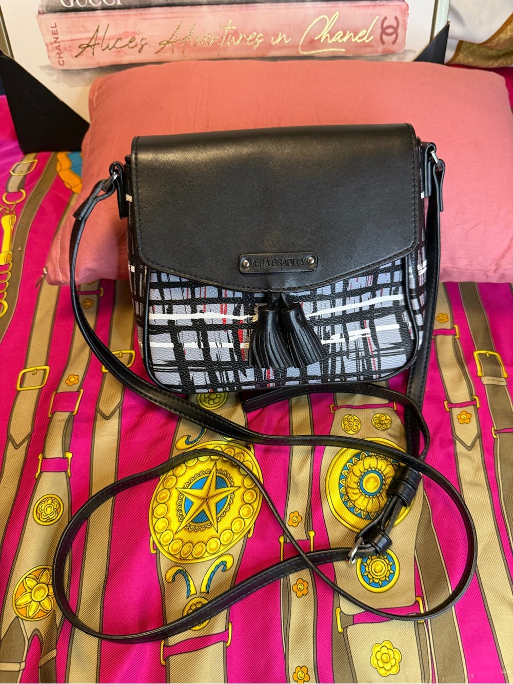 Vera Bradley Black Leather & Abstract Plaid Crossbody Bag Tassel Accent NWOT